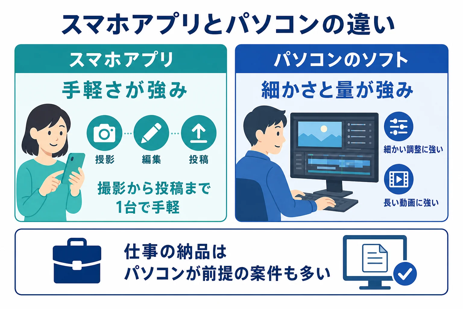 スマホの動画編集アプリとパソコンのソフトの得意なことを、カット・テロップ・長い動画・納品で比べた図解
