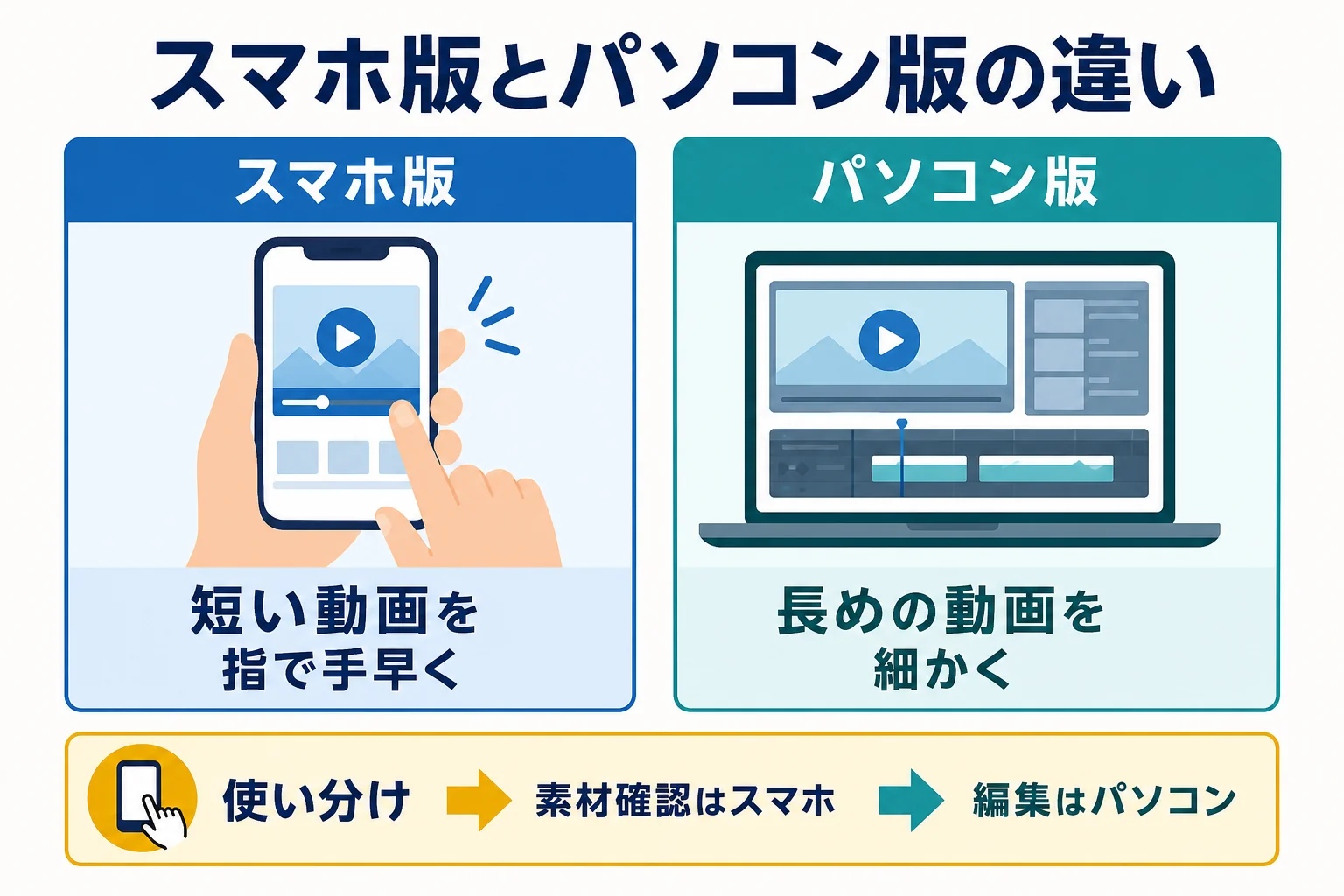 CapCutのスマホ版とパソコン版の違いを、向いている動画・操作・画面の広さで比べた図解