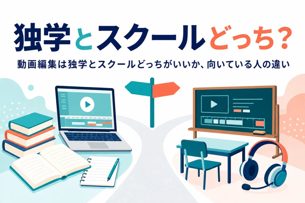 動画編集を独学とスクールのどちらで学ぶか、向いている人の違いを紹介する記事のアイキャッチ