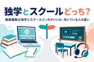 動画編集を独学とスクールのどちらで学ぶか、向いている人の違いを紹介する記事のアイキャッチ