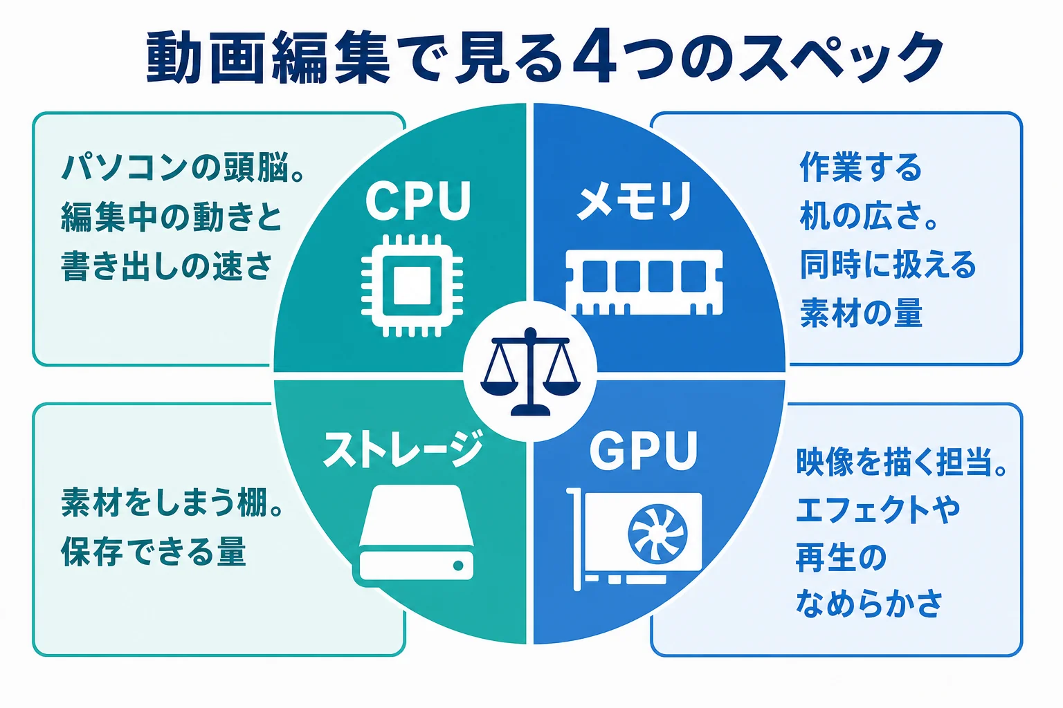 動画編集用パソコンで見る4つのスペック、CPU・メモリ・ストレージ・GPUの役割を示した図解