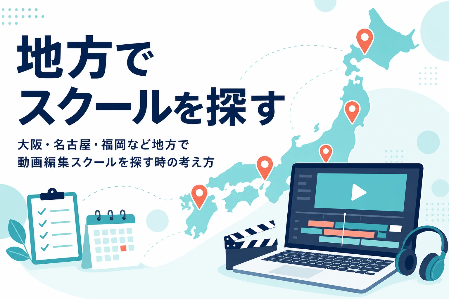 大阪・名古屋・福岡など地方で動画編集スクールを探す時の考え方を紹介する記事のアイキャッチ