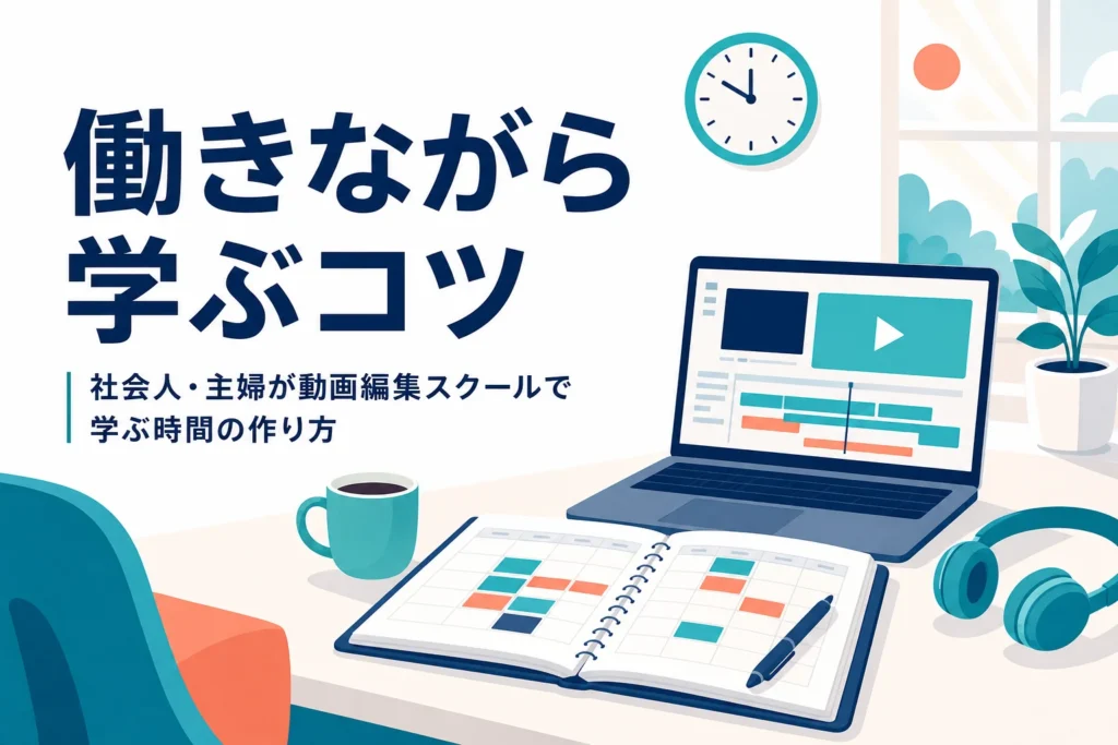 社会人や主婦が働きながら動画編集スクールで学ぶための学習時間の作り方を紹介する記事のアイキャッチ