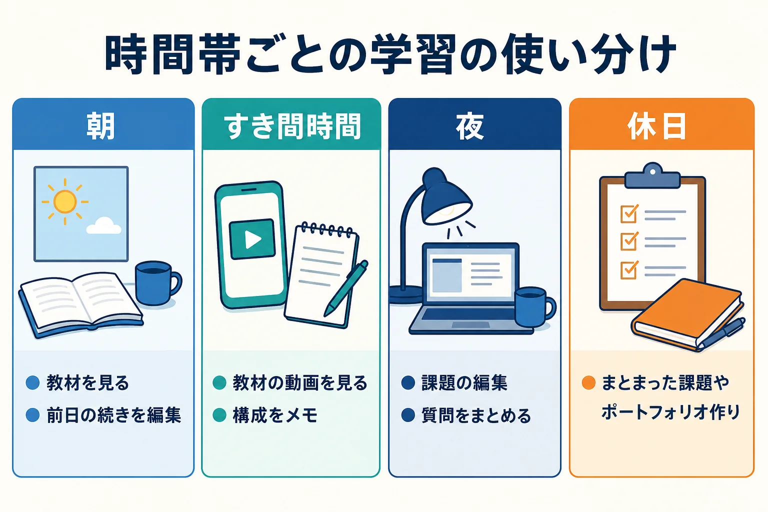 働きながら動画編集を学ぶ時の時間帯ごとの学習の使い分けを示した図解