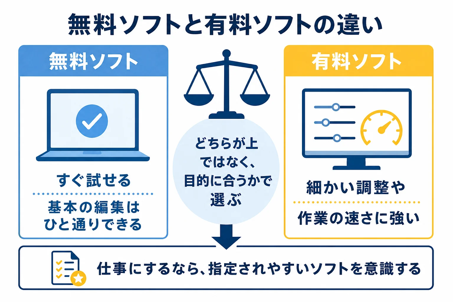 無料の動画編集ソフトと有料ソフトの違いを、始めやすさ・機能・仕事での使われ方で比べた図解