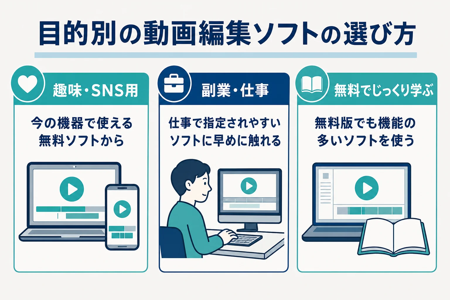 動画編集の目的ごとに、趣味・副業・無料で学びたい場合のソフトの選び方を示した図解