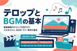 動画編集のテロップを見やすく入れるコツと、BGM・フリー素材の基本を紹介する記事のアイキャッチ